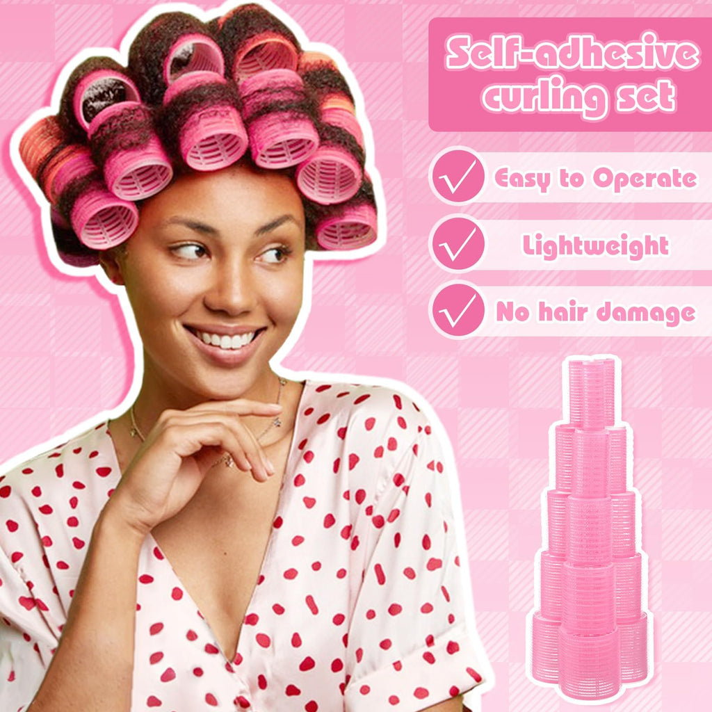 5 Sizes Self Grip Hair Rollers Set, 64 Pcs Rollers Hair Curlers with Clips Comb for Long Medium Short Hair (60 48 40 32 20mm), Pink