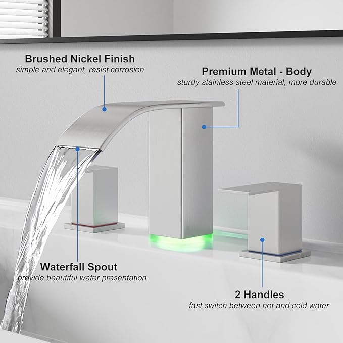 RUMOSE LED Bathroom Faucets Set Brushed Nickel 8 inch Bathroom Sink Faucet 3 Hole with Pop Up Drain Widespread Waterfall Vanity Faucet with 3 Colors Light Changing Stainless Steel Deck Mounted