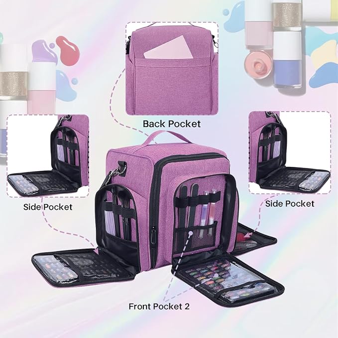 YAHOURWAT Nail Polish Organizer Holds 60 Bottles and a Nail Lamp,Portable Travel Case with 2 Removable Bags and Tools Storage Pockets Purple