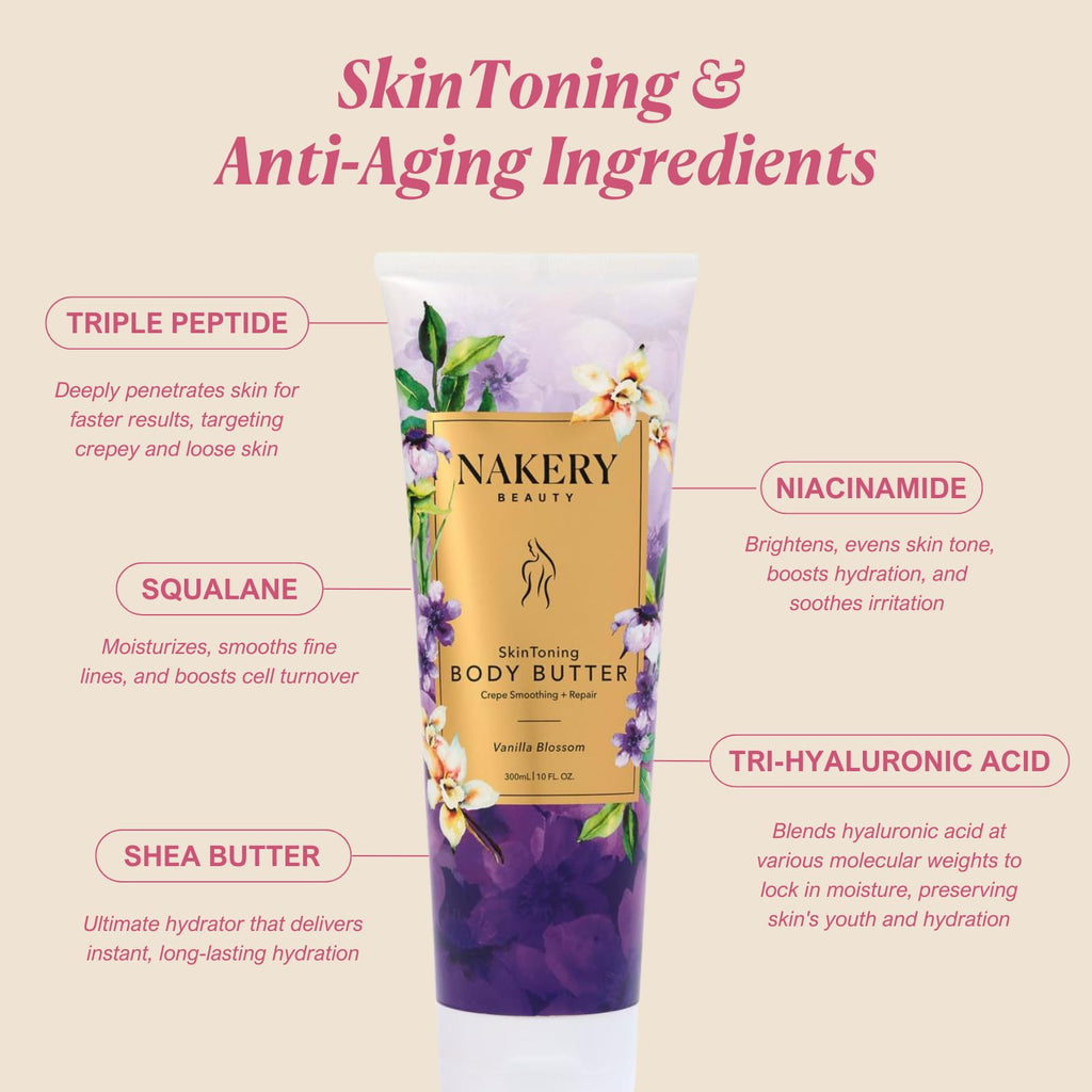 Nakery Skin Toning Body Butter for Women - Firming Body Lotion for Women - Peptide Infused Body Lotion for Crepey & Sagging Skin - Firming Lotion for Neck, Arms & Legs - Vanilla Blossoms