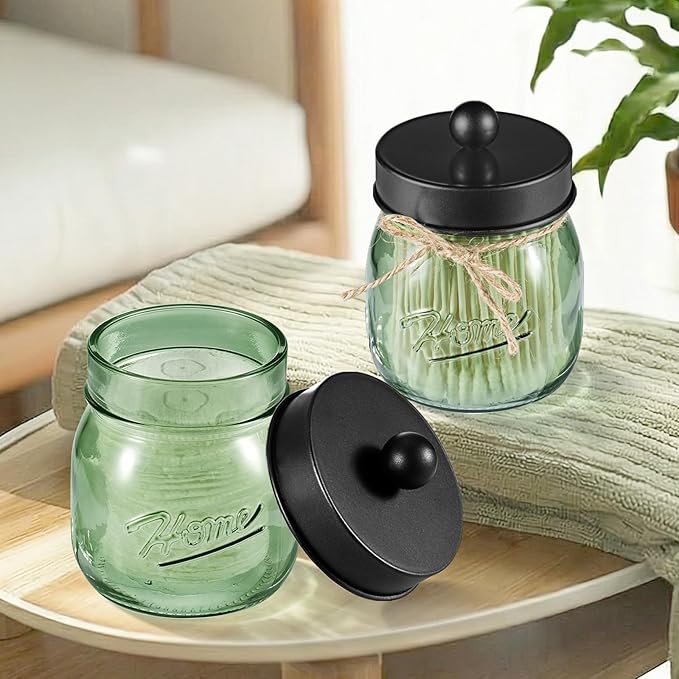 SheeChung Green Glass Qtip Holder Dispenser, Mason Jar Apothecary Jars with Lids, Bathroom Organizers and Storage, Vanity Countertop Canisters Set for Cotton Swab, Ball, Pad, Floss Pick-Black, 2 Pack