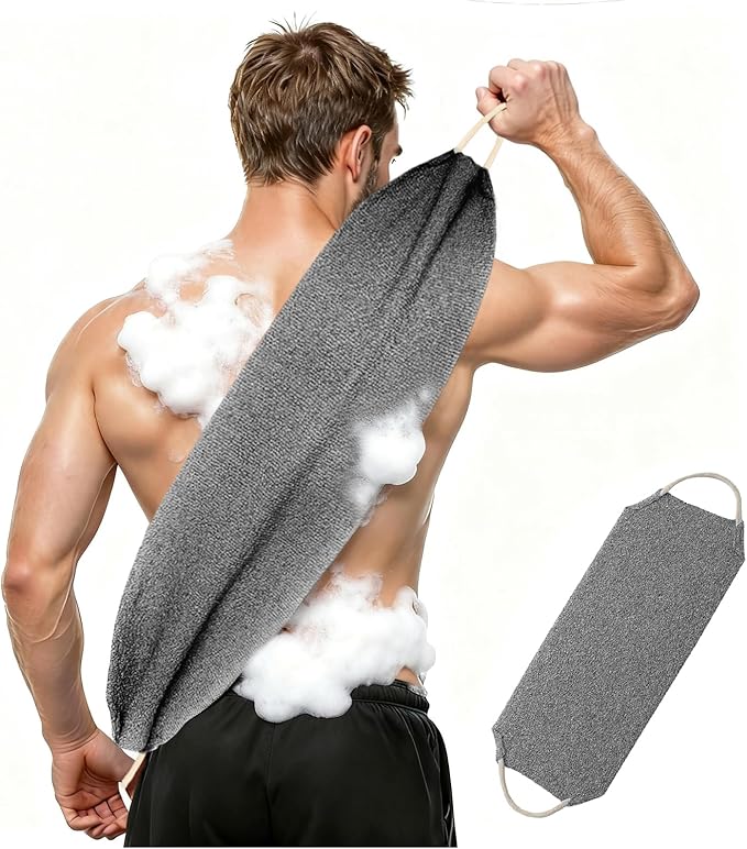 Inmorven Exfoliating Back Scrubber with Handles, Nylon Back Exfoliator, Two Sides Stretchable Pull Strap Shower Deep Cleans Skin Massages Invigorating Blood Circulation for Women Men Body (Bule)