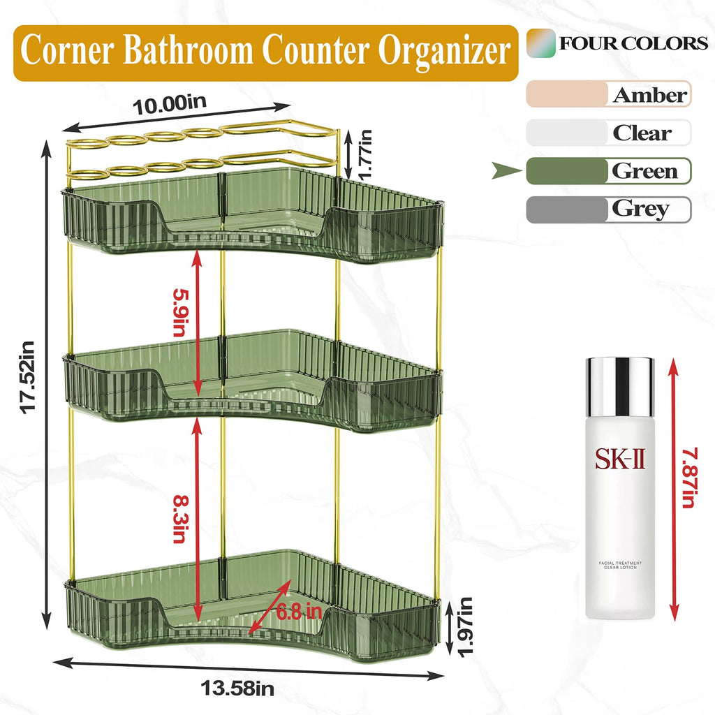 SUNZOS 3-Tier Corner Bathroom Counter Organizer, Bathroom Organizer Countertop with Makeup Brush Holder, Vanity Makeup Cosmetic Storage, Corner Storage Organizers for Dresser