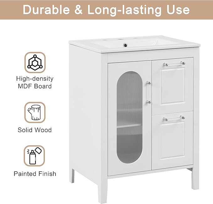 Harper & Bright Designs 24" Bathroom Vanity with Sink, Free Standing Single Basin Vanity Set with Two Drawers and Glass Door, Modern Wooden Bathroom Cabinet with Ceramic Basin for Bathroom, White