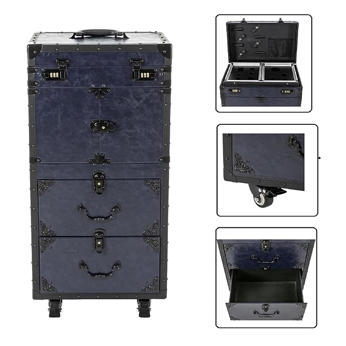 CNCEST Beauty Salon Luggage,Rolling Lockable Makeup Train Case Hairdressing Trolley Stylist Beauty Salon Cosmetic Luggage Travel Organizer Tool Box with Hair Dryer Holder(Dark Blue)