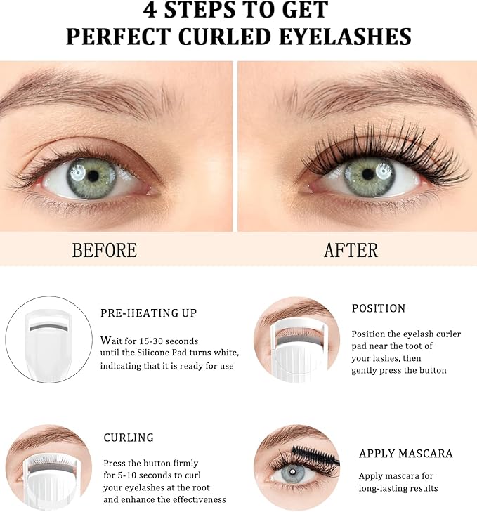 Heated Eyelash Curler Premium PRO - Fast Heat up in 8s - 24 Hours Long Lasting, White-HA