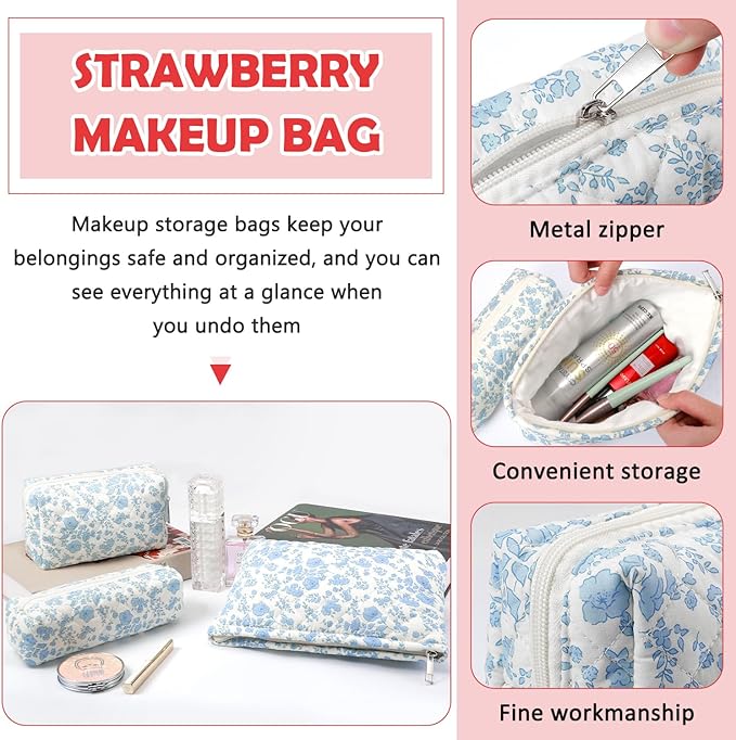 Gocvo 3 Pcs Makeup Bag Cosmetic Bag Set for Girls Women Checkered Travel Organizer Bathroom Toiletry Pouch Large Capacity Storage Bag(Blue Flower)
