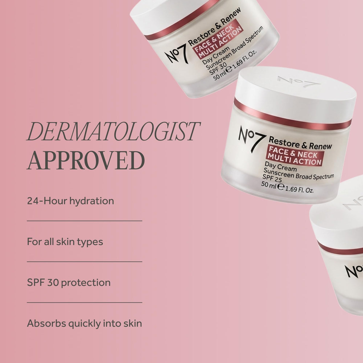 No7 Restore & Renew Multi Action Face & Neck Cream - Anti Aging Face Moisturizer with SPF 30 - Helps to Firm & Hydrate Crepey Skin - Formulated with Hyaluronic Acid, Peptides & Ceramides (1.69 Oz)