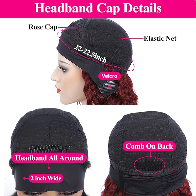 Aiterina Headband Wig deep wave human hair wigs for Black Women Brazilian Remy Hair Glueless Non Lace Front Wig 150% Density (16 inch, 99J)