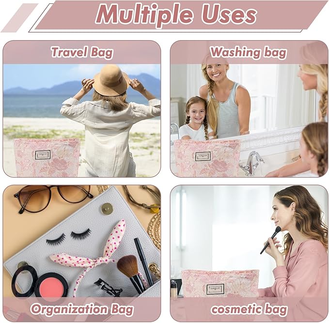 URSKYTOUS Flower Makeup Bag Travel Large Floral Cosmetic Bags for Women Cute Makeup Pouch Zipper Cosmetic Pouch for Purse Embossed Pink Aesthetic Make up Organizer Bag Portable Toiletry Bag