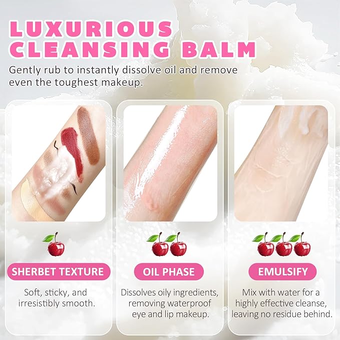 XIAMOFUZHOU Cleansing Balm Makeup Remover - 3.38 Oz Cherry Scented Moisturizing Hydrating Deep Nourishing Travel-friendly Smooth Face Cleanser Makeup Remover Clear Cleansing Balm for All Skin Types