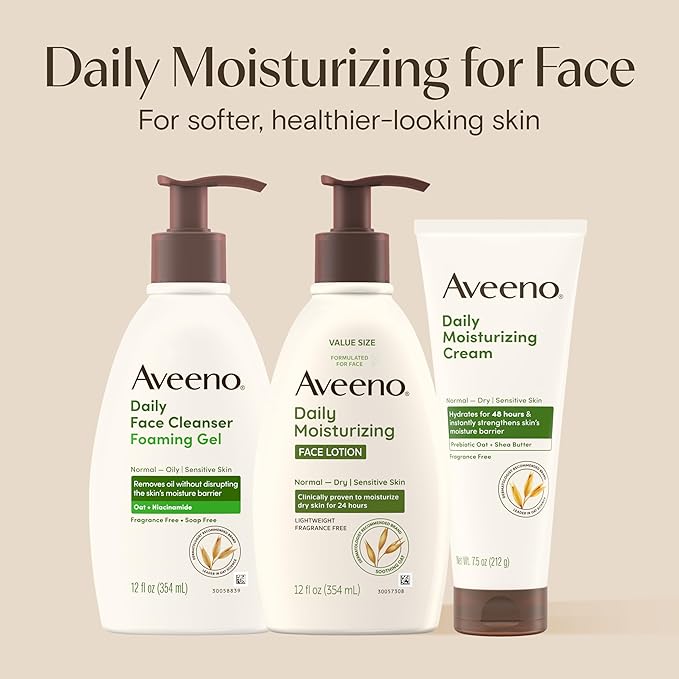 Aveeno Daily Moisturizing Face Lotion with Soothing Prebiotic Oat,Gentle Lotion Nourishes Normal to Dry Skin With Moisture,Sensitive Skin,Fragrance-Free,12 fl. oz,(Pack of 2)