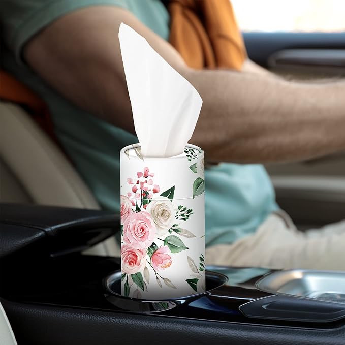 Ctosree 16 Pcs Car Tissue Holder Cylinder Bulk Round Floral Cup Holder Facial Tissues for Travel Refill Car Napkin Box Round Container