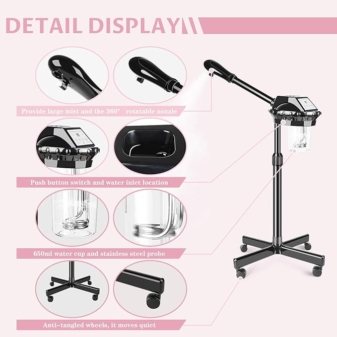 Professional Facial Steamer, Facial Steamer on Wheels with More Steam, Adjustable Height and Angle, Face Steamer for Deep Cleansing and Hydration, Estheticians Steamer for Beauty, Spa and Home Use