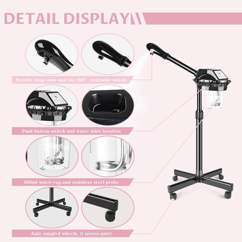 Professional Facial Steamer, Facial Steamer on Wheels with More Steam, Adjustable Height and Angle, Face Steamer for Deep Cleansing and Hydration, Estheticians Steamer for Beauty, Spa and Home Use