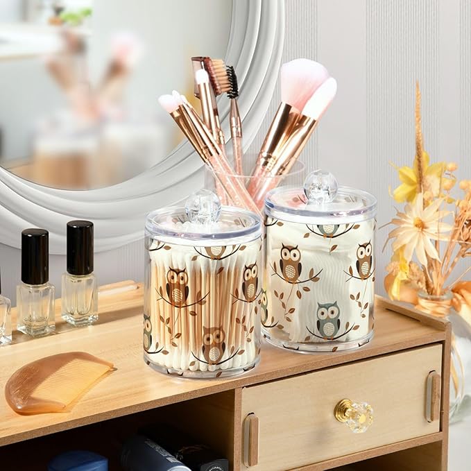 2 Pack Qtip Holder Dispenser for Cotton Ball Owl Forest Little Animal Cotton Swab Round Pads Clear Plastic Acrylic Jar Set Bathroom Canister