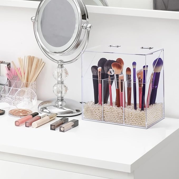 LOHRYVIO Acrylic Makeup Brush Holder with Lid - Clear Cosmetic Makeup Brush Organizer and Storage Box with Cover for Vanity - Large Capacity 3-Slots Container for Brushes (Clear)