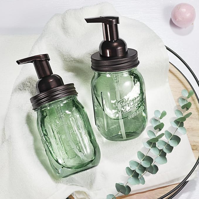 SheeChung Mason Jar Foaming Soap Dispenser, Stainless Steel Lid, Green Glass Foam Hand Soap Dispenser, 16 Oz Refillable Liquid Foam Dispenser Bottle for Bathroom Kitchen, Dish Soap-Bronze, 2 Pack