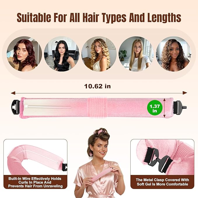 BLAAROOM Overnight Heatless Hair Curler Satin Jumbo Flexi Overnight Curls Blowout Rods 3pcs No-Heat Styling Tools Curling Rod to Sleep in for All Hair Types - Pink