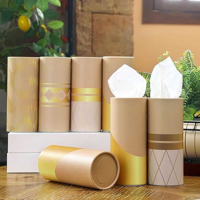 Fourluoo 12 Pack Car Tissue Cylinder Holder Bulk with 3 Ply Facial Tissues, Round Napkin Holders for Car Cup Holder Cylinder Travel Paper Tubes Bulk Round Napkin Boxes Packs(Modern Gold Line)