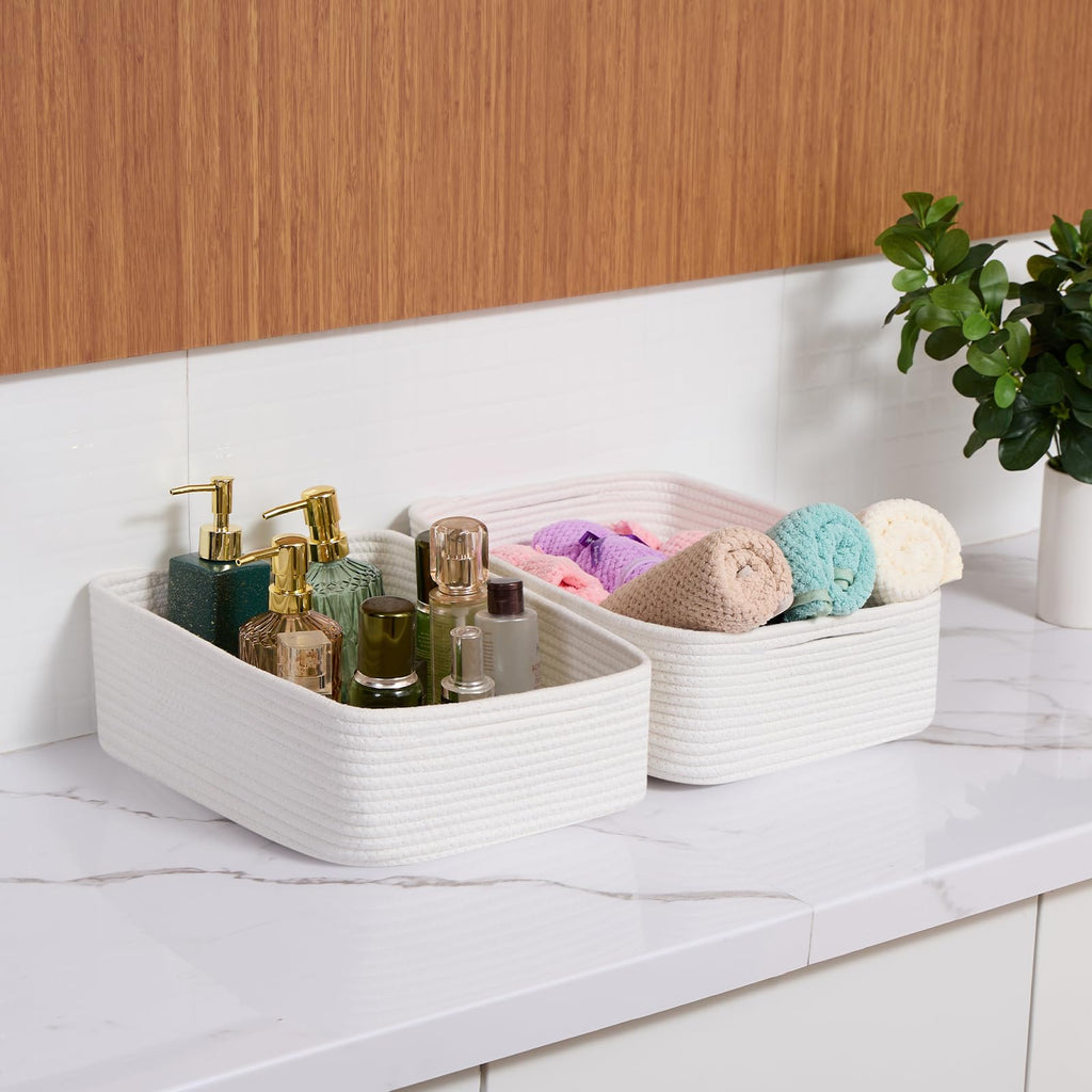 MiniArk Large Shallow Organizing Baskets 15x11x5.1 Inches - Rope Woven Storage Bins for Bathroom, Shelves, Cube Closet, Off White 4 Packs