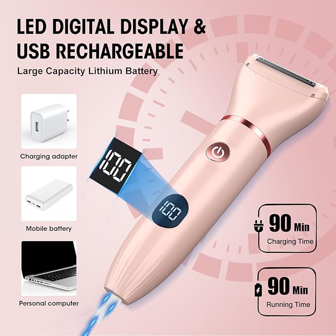 Bikini Trimmer for Women- 3 in 1 Painless Electric Razors for Women,Waterproof Pubic Hair Trimmer and Facial Hair Remover,LCD Display Body Shaver for Trip,Rechargeable Women's Grooming Kit