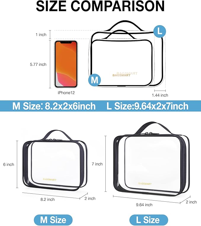 BAGSMART Clear Toiletry Bag with Handle 2-Pack TSA Approved, Black