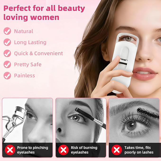 Heated Eyelash Curler, 10s Fast Heating Portable Electric Lash Curler, Type-C Rechargeable Travel Eye Lash Curlers with Anti-Scalding Silicone Pad, 2 Temp Modes & 24H Long Lasting Curves (White)