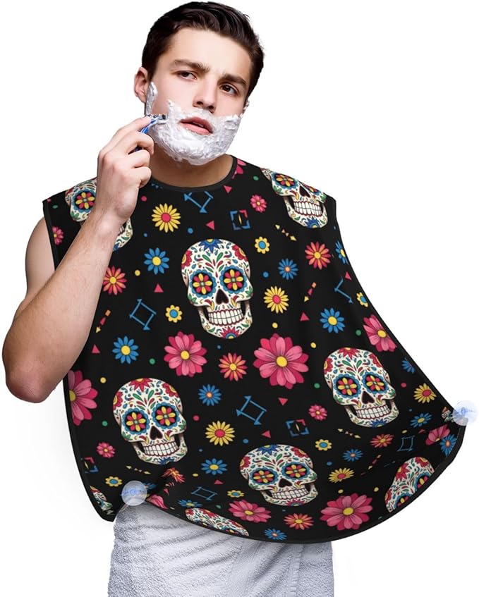 Ultimate Shaving Bib, Beard Trimming Apron with Hair Catcher, Mexican Day of Dead Flower Traditional Sugar Skull