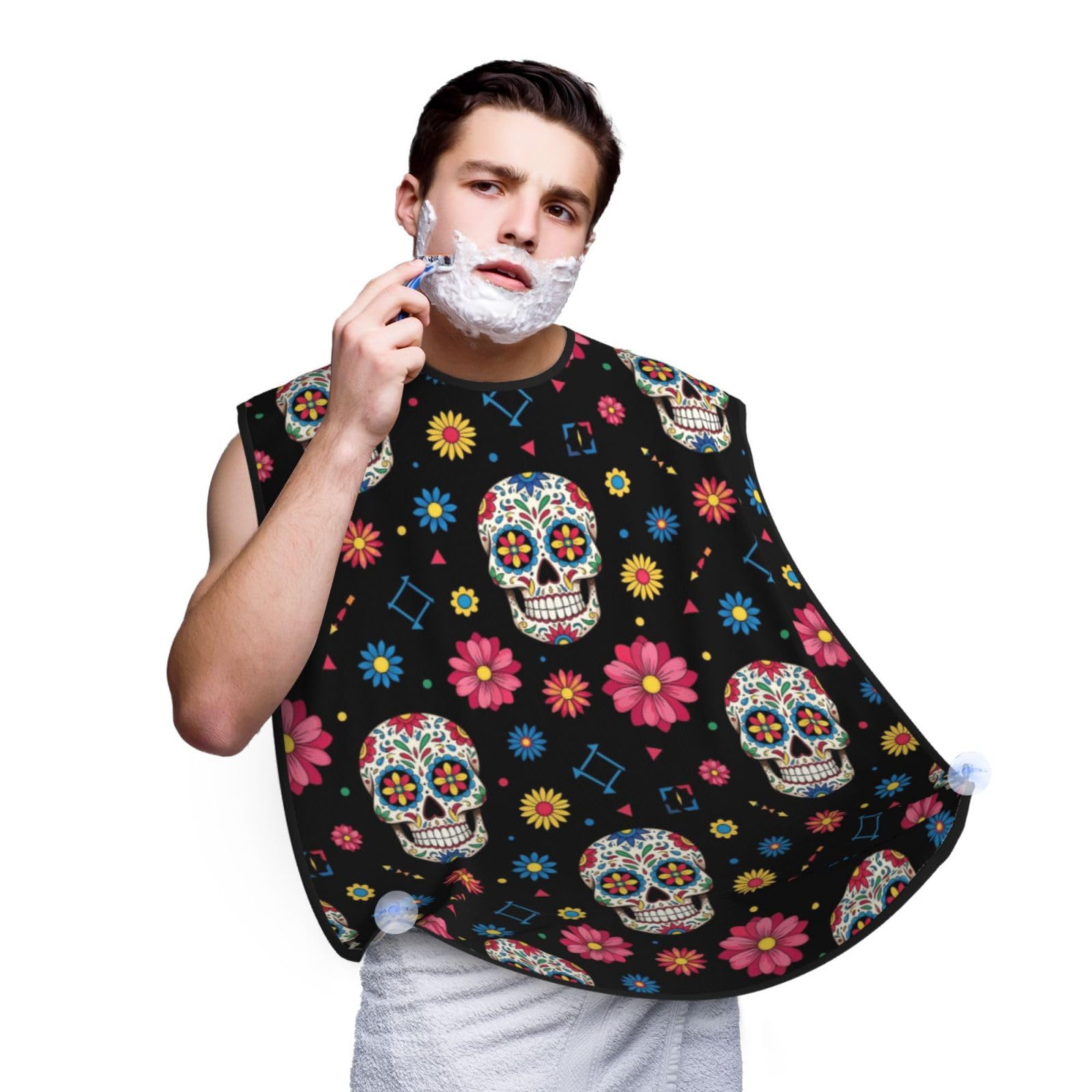 PPIKTC Ultimate Shaving Bib, Beard Trimming Apron with Hair Catcher, Mexican Day of Dead Flower Traditional Sugar Skull