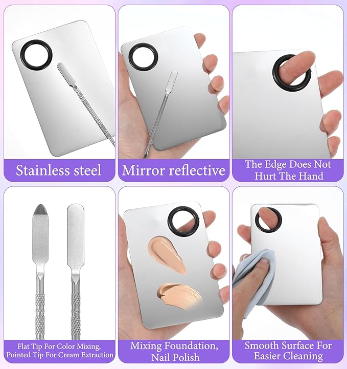 4Pcs Foundation Mixing Palette, Metal Foundation Mix Palette and Spatula Brush Makeup, Perfect for Mixings Mediums, Ideal for Women & Girls, Stainless Steel Easy to Clean