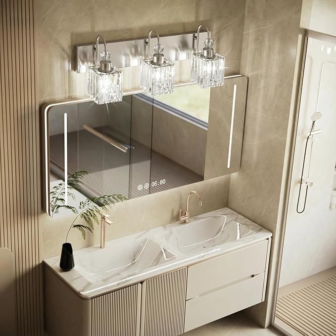Ralbay Brushed Nickel Vanity Light for Bathroom Crystal 3-Light Modern Crystal Bathroom Light Fixtures