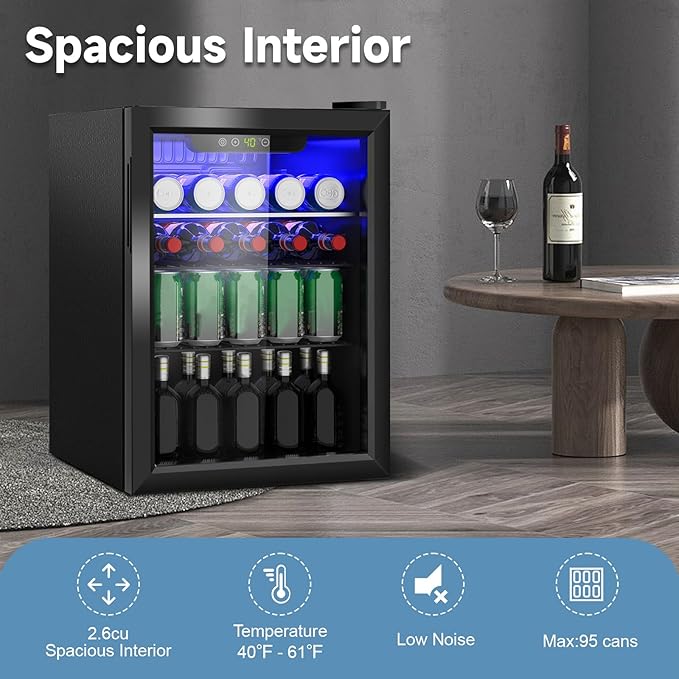 DOGHLY Beverage Refrigerator Cooler, 95 Can Mini Fridge Glass Door for Drinks Soda, Beer, or Wine - Small Refrigerator for Office Bedroom Home Bar, Adjustable Shelves, 2.6 Cu.Ft, Black