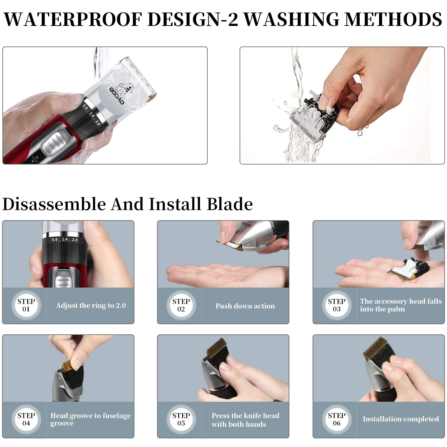 Gooad Dog Clippers Grooming Kit and Paw Trimmer,Cordless,Low Noise, Electric Quiet,Rechargeable, Dog Trimmer Grooming, Pet Hair Clippers for Thick Coats,Shaver for Small and Large Dogs Cats(Red)