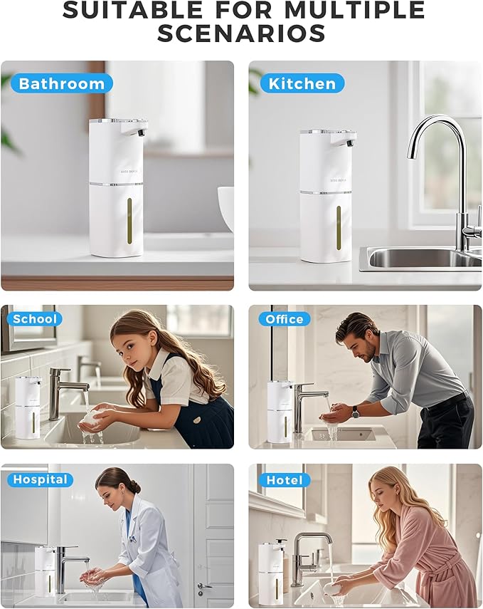 Automatic Liquid Soap Dispenser Touchless,USB Rechargeable, 9-Level Adjustable, 13.5oz/400mL, IPX5 Waterproof, Wall/Tabletop, Compatible with Thick Thin Dish Soap for Kitchen Bathroom, White