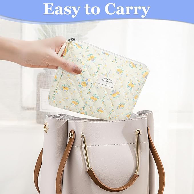 Gosect Floral Makeup Bag, Small Cosmetic Bag for Women Girls, Cute Cotton Makeup Bag, Quilted Makeup Bags, Flower Travel Toiletry Organizer Bag(Yellow Flowers)
