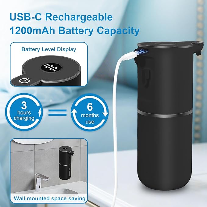 Automatic Liquid Soap Dispenser Touchless, USB Rechargeable Smart Hand Soap Dispenser, 6-Level Adjustable, 12.8oz/380mL, Compatible with Thick Thin Dish Soap for Bathroom Kitchen-Black