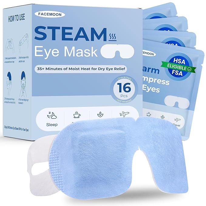 FACEMOON 16 Pack Steam Eye Mask for Dry Eyes: Self-Heating Warm Compress for Stye Relief & Digital Eye Strain, FSA&HSA Eligible, Travel & Spa Essential, Disposable, Self-Care Gift, Unscented