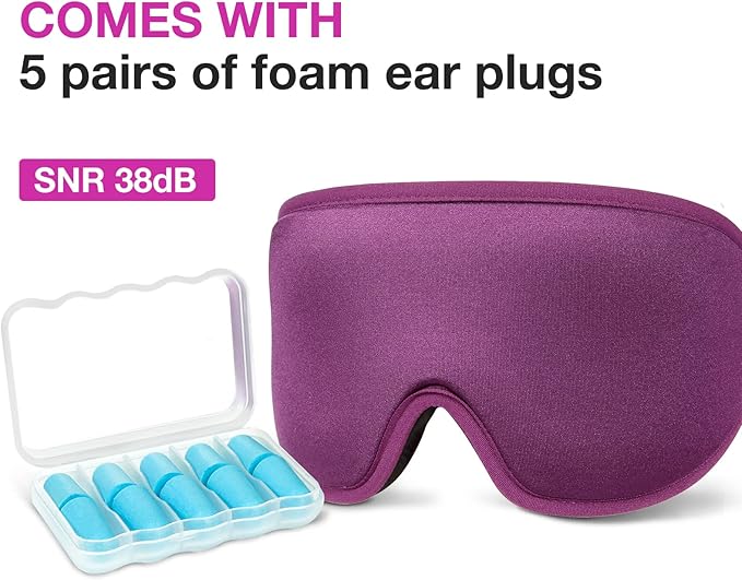 LYSIAN 3D Sleep Mask for Side Sleepers, Blackout Eye Mask with No Pressure on Eyes, Adjustable Comfortable Blindfold with 5 Pairs of Ear Plugs for Sleeping, Travel, Nap, Purple