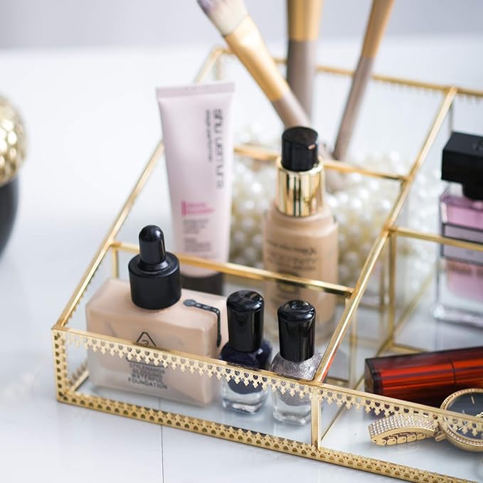 Levilan Makeup Organizer Antique Countertop Cosmetic Storage Box Glass Beauty Display, Gold Spin Large Capacity Holder for Brushes Lipsticks Skincare Toner