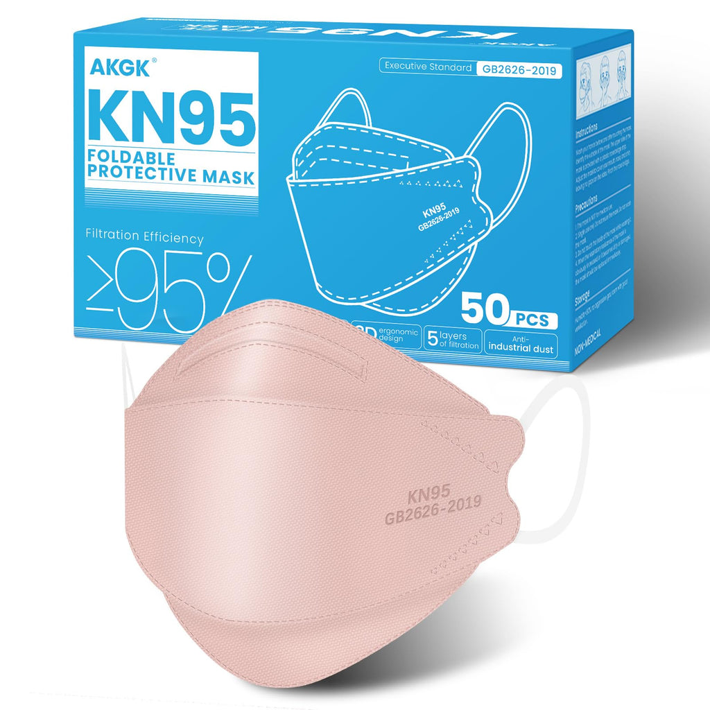 akgk KN95 Face Masks 50 Pack, 5-Ply Disposable Blush Pink Face Mask Against PM 2.5 Smoke and Dust