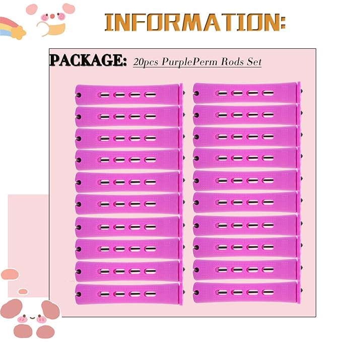 20pcs Purple Plastic Perm Rods Set for Natural Hair Cold Wave Rods Hair Curlers Rollers for Long Short Women's Hair DIY Hairdressing Tools