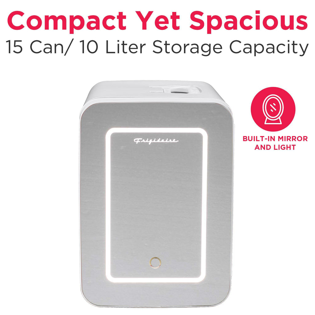 Frigidaire Mini Personal Fridge Cooler, LED Lighted Mirror, 6.5L Capacity, Chills 9 Cans, or Makeup and Skincare, Portable & Compact