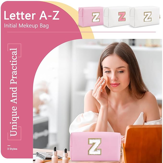 Personalized Initial A-Z Preppy Patch Makeup Bag,Small PU Chenille Letter Cosmetic Bag with Zipper for Teen Girls,Pink Cute Toiletry Organizer Bag,Monogram Makeup Case Gift for Women Girls,Letter Z