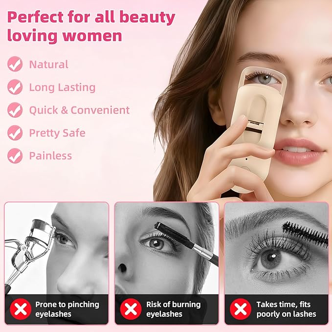 Heated Eyelash Curler, 10s Fast Heating Portable Electric Lash Curler, Type-C Rechargeable Travel Eye Lash Curlers with Anti-Scalding Silicone Pad, 2 Temp Modes & 24H Long Lasting Curves(Beige)