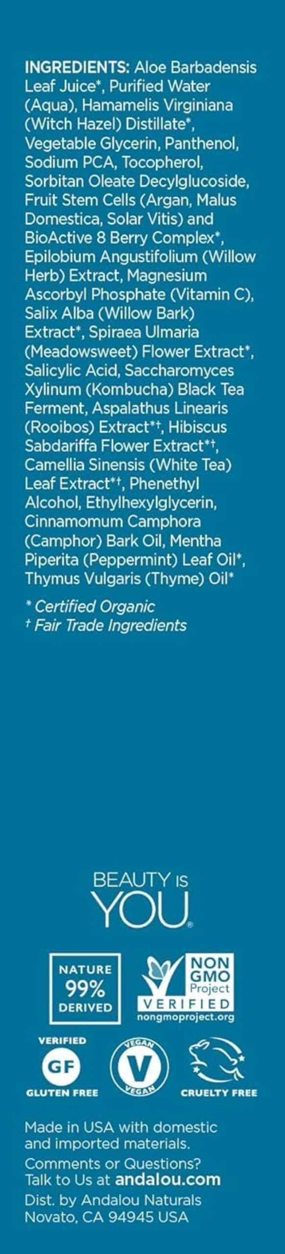 Andalou Naturals Toner Ounces, Willow Bark Pure Pore, 6 Fl Oz