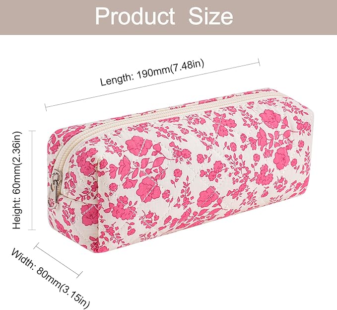 WHHJM Cute Floral Makeup Brush Bag Small Cotton Quilted Cosmetic Bag for Women Travel Toiletry Zipper Make Up Pouch (Rose Red Floral)