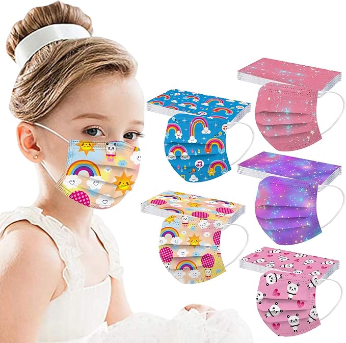 50Pcs Kids Face Mask Childrens 3 Ply Non-Woven Protective Breathable Kids Face Mask for Boys Girls Outdoor School