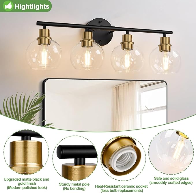 4-Light Bathroom Light Fixtures, Black and Gold Bathroom Lights Over Mirror with Clear Glass Globe Shade, Vanity Lights for Bathroom Kitchen Living Room Hallway Cabinet Bedroom Porch