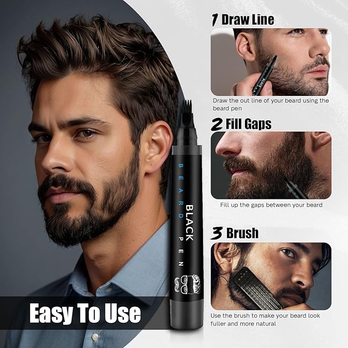 Beard Pencil Filler for Men Black - Beard Pen with Brush, Smudge-proof Beard Filler for Men Mustache Care (Deep Black)